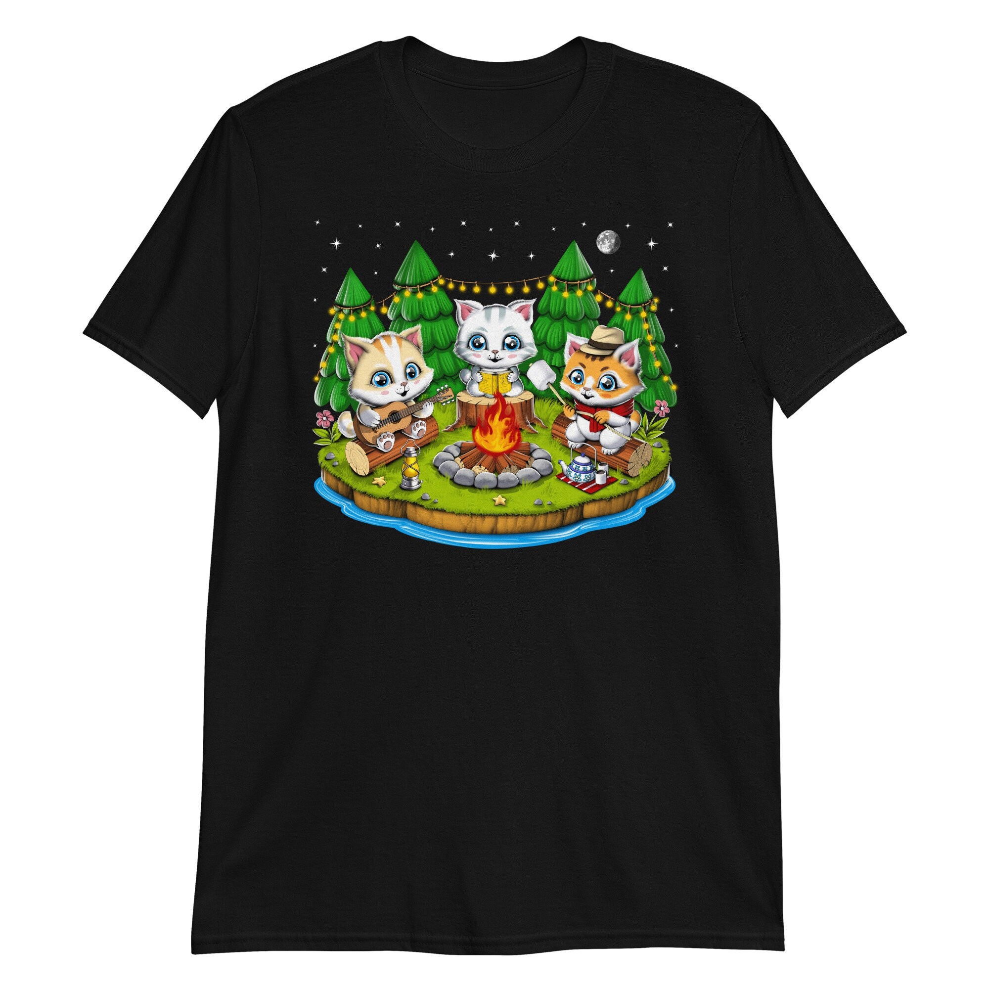 Kawaii Cats Camping T-Shirt, Forest Campfire Tee, Cute Cat Shirts, Nature Hiking Shirt, Cat Clothing, Funny Cat Clothes, Kawaii Cat Apparel