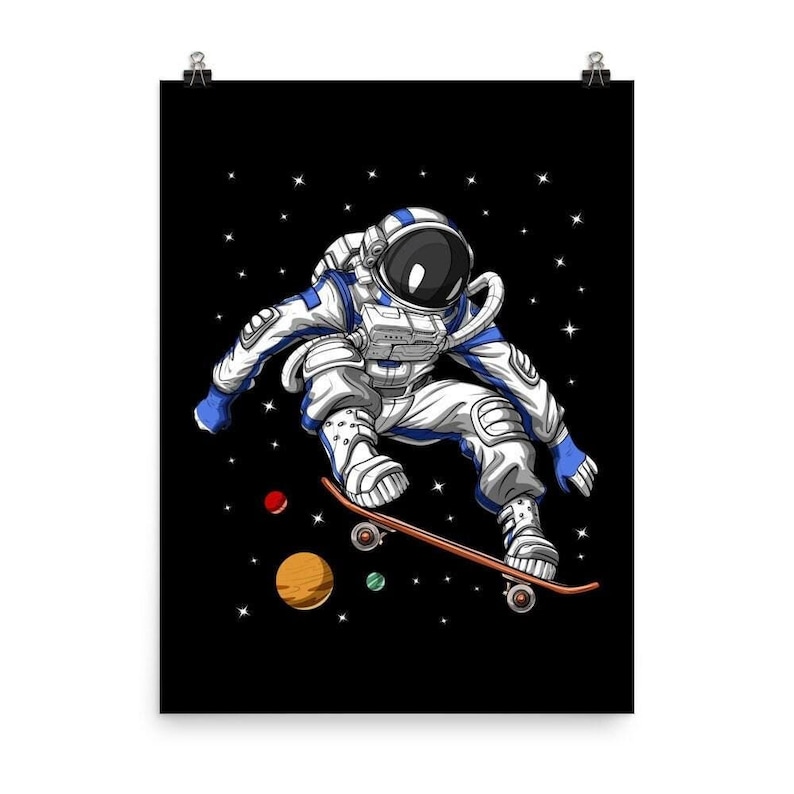 Space Astronaut Skateboarding Poster - Funny Skating Art Print - Skateboard Wall Decor - Skater Room Decor - Skating Lover Gifts image 1