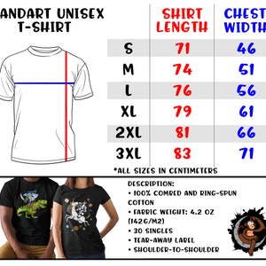 May include: A size chart for a unisex t-shirt with measurements in centimeters for shirt length and chest width. Sizes range from S to 3XL. The chart includes a description of the t-shirt fabric: 100% combed and ring-spun cotton, fabric weight: 4.2 oz (142g/m2), 30 singles, tear-away label, and shoulder-to-shoulder.