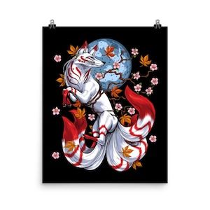 Japanese Kitsune Fox Poster, Nine Tailed Fox Art Print, Cherry Blossom Flowers Wall Decor, Sakura Tree Room Decor, Japanese Fox Gifts