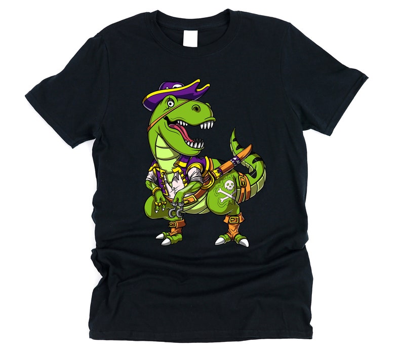 T-Rex Dinosaur Pirate T-Shirt, Dinosaur Mens Tee, Funny Dinosaur Clothing, Dinosaur Clothes, Dinosaur Lover Gift, Pirate Apparel Black