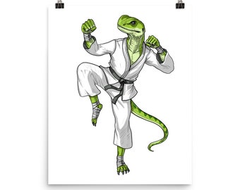 Gecko Lizard Karate Poster - Funny Ninja Art Print - Kickboxing Kung Fu Boys Wall Decor - Martial Arts Poster - Jiu-Jitsu Room Decor