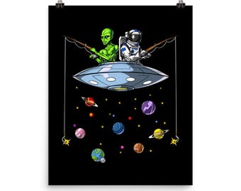 Space Astronaut Alien Fishing Poster - Aliens Art Print - Alien Kids Wall Decor - Planets Room Decor - Alien Art Print - Alien Gifts