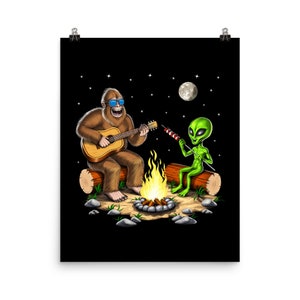 Bigfoot Alien Camping Poster, Forest Hiking Art Print, Cryptozoology Poster, Cryptid Creatures Wall Decor, Cryptids Room Decor, Bigfoot Gift