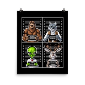 Cryptids Mugshot Poster: Bigfoot, Alien, Jackalope, Werewolf