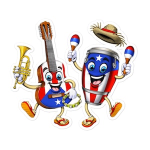Puede incluir: Una ilustración de dibujos animados de instrumentos musicales y accesorios, que incluyen una guitarra, una trompeta, maracas, un tambor y un sombrero de paja. Los instrumentos son antropomórficos, con caras y extremidades, y están decorados con los colores y símbolos de la bandera puertorriqueña.