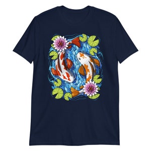 Japanese Koi Fish Shirt, Koi Fish Tee, Japanese Fish Clothing, Lotus Flower Clothes, Japanese Outfit, Japanese Fish Floral Apparel Navy