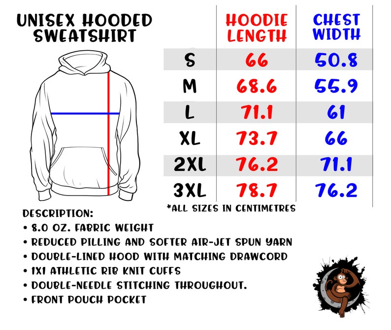 May include: Unisex hooded sweatshirt size chart with measurements in inches for hoodie length and chest width. Sizes include S, M, L, XL, 2XL, and 3XL.  The chart is on a white background with a black line border.  The sweatshirt is illustrated in white on a white background.