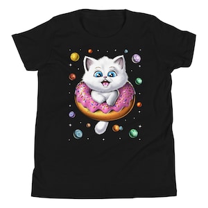 かわいい猫の子供用 T シャツ、ドーナツの子供用シャツ、宇宙猫の女の子の T シャツ、ドーナツ シャツ、かわいい猫のシャツ、猫の服、面白い猫の服、猫のアパレル