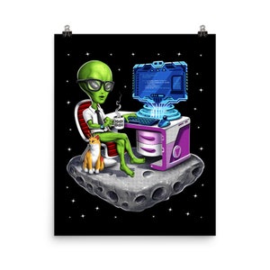 Alien Programmer Poster, Funny Coder Art Print, Programming Poster, Software Engineer Wall Decor, Engineering Student Developer Room Decor
