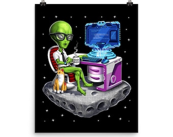 Alien Programmer Poster, Funny Coder Art Print, Programming Poster, Software Engineer Wall Decor, Engineering Student Developer Room Decor