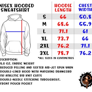May include: Unisex hooded sweatshirt size chart with measurements in inches for hoodie length and chest width. Sizes include S, M, L, XL, 2XL, and 3XL.  The chart shows the hoodie length and chest width in centimeters.  The description includes details about the fabric weight, reduced pilling, double-lined hood, athletic rib knit cuffs, double-needle stitching, and front pouch pocket.