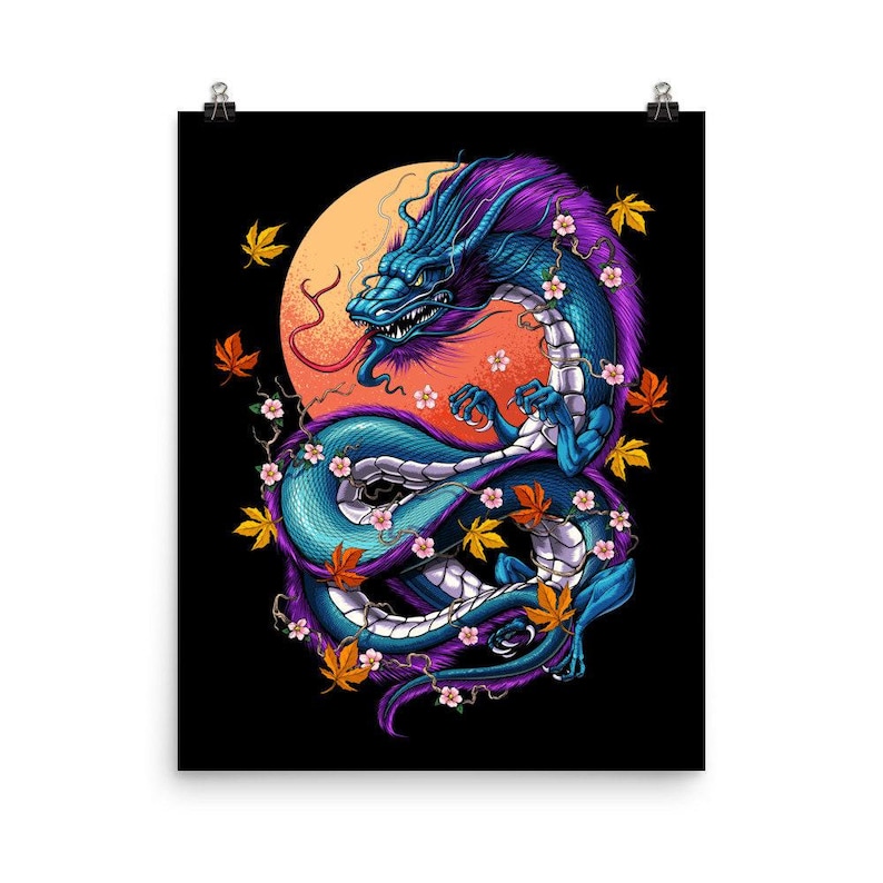 Japansk drakeposter - Körsbärsblomskonsttryck - Japansk mytologiväggdekoration - Asiatisk folklorekonst - Fantasimytisk rumsdekoration bild 1