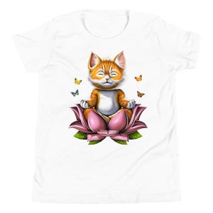 かわいい猫瞑想キッズTシャツ、ヨガガールズシャツ、スピリチュアルシャツ、蓮の花Tシャツ、かわいい猫の服、面白い猫の服、禅アパレル