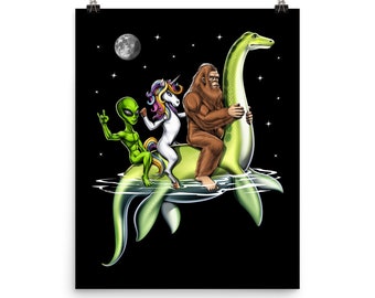 Bigfoot Loch Ness Monster Poster, Cryptids Poster, Cryptozoology Poster, Alien Poster, Unicorn Poster, Cryptid Creatures Art Print