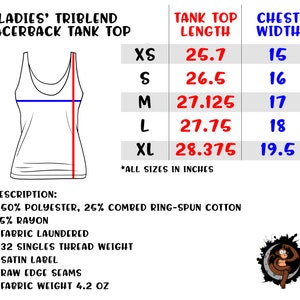 Puede incluir: Un top de tirantes blanco con un gr&aacute;fico de tallas que muestra el ancho del pecho y la longitud del top en pulgadas. El top est&aacute; hecho de una tela trimezcla con 50% poli&eacute;ster, 25% algod&oacute;n peinado ring-spun y 25% ray&oacute;n. La tela est&aacute; lavada y tiene un peso de hilo de 32 sencillos. El top tiene una etiqueta de sat&eacute;n, costuras de borde crudo y pesa 4.2 onzas.