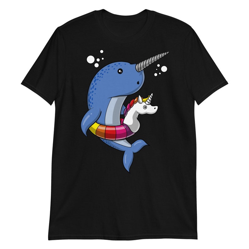 May include: A black t-shirt with a cartoon illustration of a blue narwhal with a rainbow inner tube, pulling a white unicorn on a rope.