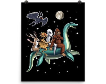 Cryptid Creatures Poster - Bigfoot Mothman Art Print - Loch Ness Monster Jackalope Room Decor - Chupacabra Poster - Cryptozoology Wall Decor