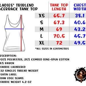 Puede incluir: Una tabla de tallas para un top de tirantes de espalda nadadora hecho de tejido trimezcla. La tabla muestra la longitud del top y el ancho del pecho en cent&iacute;metros para las tallas XS, S, M, L y XL. El tejido es 50% poli&eacute;ster, 25% algod&oacute;n peinado ring-spun y 25% ray&oacute;n. El top se describe como con un acabado lavado, peso de hilo de 32 singles, etiqueta de sat&eacute;n, costuras sin rematar y un peso de tejido de 4,2 oz.