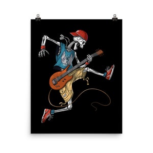 Skeleton Guitarist Poster - Guitar Player Wall Decor - Rock Musician Playing Guitar Art Print - Heavy Metal Music Room Decor Gift
