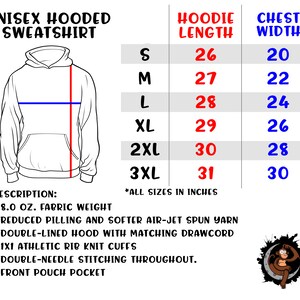 May include: Unisex hooded sweatshirt size chart with measurements in inches for hoodie length and chest width. Sizes range from S to 3XL.