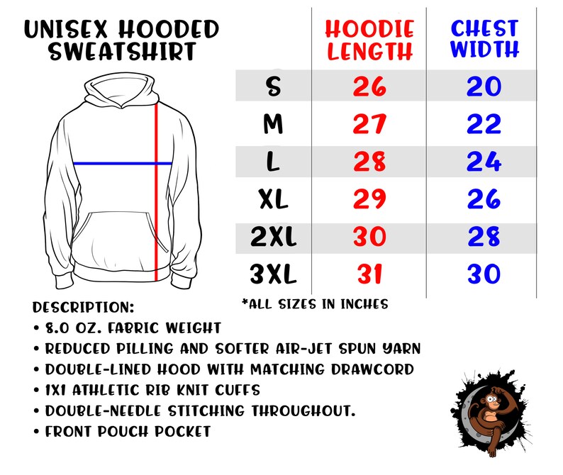 May include: Unisex hooded sweatshirt size chart with measurements in inches for hoodie length and chest width. Sizes range from S to 3XL.