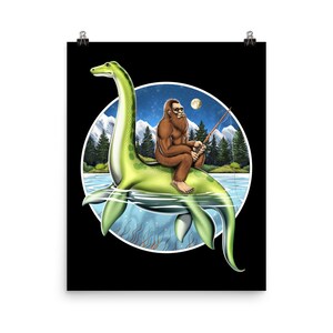 Bigfoot Fishing Poster, Loch Ness Monster Poster, Bigfoot Art Print, Cryptozoology Poster, Cryptids Room Decor, Bigfoot Wall Decor