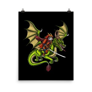 Japanese Samurai Cat Riding Dragon Poster, Samurai Warrior Poster ...