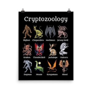Cryptozoology Poster - Cryptid Creatures Art Print - Cryptids Mythical Monsters Wall Decor - Mythological Creatures Room Decor