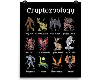 Cryptozoology Poster - Cryptid Creatures Art Print - Cryptids Mythical Monsters Wall Decor - Mythological Creatures Room Decor