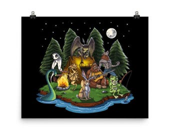 Cryptozoology Poster - Cryptid Creatures Art Print - Cryptids Wall Decor - Bigfoot Mothman Room Decor - Loch Ness Monster Art Print