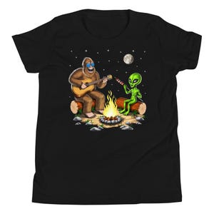 Bigfoot Alien Camping Kids T-Shirt, Forest Hiking Boys Shirt, Cryptozoology Shirt, Cryptid Creatures Tee, Cryptids Clothes, Bigfoot Clothing