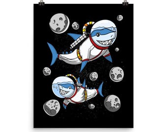 Shark Astronauts Poster - Space Shark Art Print - Funny Sharks  Wall Decor - Shark Lover Gifts - Sharks Room Decor - Shark Posters
