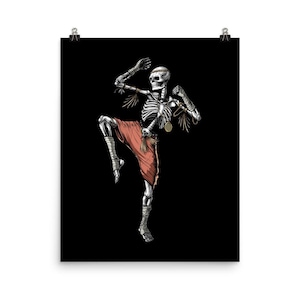 Skeleton Muay Thai Fighter Poster - Kickboxing Art Print - Thai Boxing Poster - Karate Wall Decor - Martial Arts Boxer Room Decor