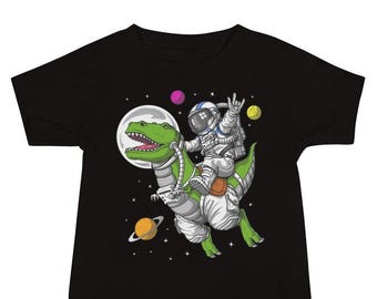 Camiseta infantil de dinossauro T-Rex e astronauta espacial - Camisetas engraçadas de dinossauro para meninos - Roupas de dinossauro para crianças pequenas - Roupas de dinossauro