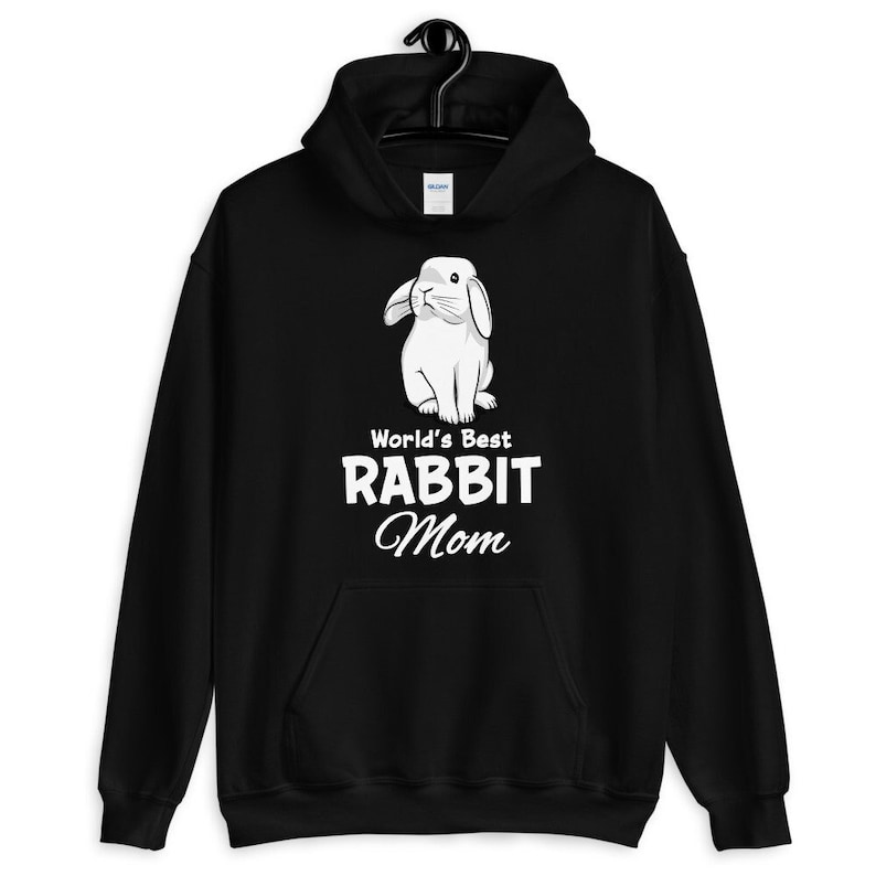 May include: Black hooded sweatshirt with a white rabbit illustration and the text "World's Best Rabbit Mom".