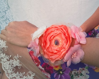 Wrist accessory salmon color fabric flowers, Delicate Wrist Corsage Bracelet, Summer wrist bracelet