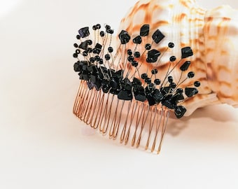 Black crystal hair comb, Gold black comb, Vintage style, black wedding hair accessories, Dark black bridal comb