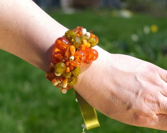 Oranje groene glazen armband, Amber armband, Accessoire, Prom armband, Festiviteit armband, Beach Wedding armband