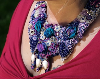 Handcrafted Shibori Silk Necklace: Embroidered Soutache Violet Ribbon