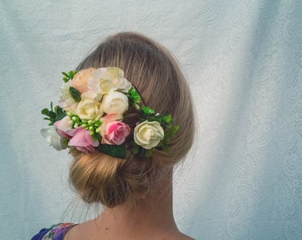 Floral weding low bun headpiece, Wedding Accessory, Boho chic style, Wedding headpiece, Destination Wedding accessories, Beach wedding