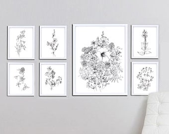Set of 7, wild flowers, botany sketches, bell clipart, Hygge, Botanical Art, realistic, papercraft, line drawing, home decor, kitchen art,