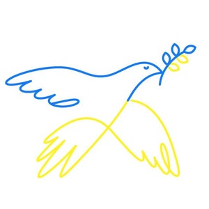 May include: A blue and yellow line drawing of a dove carrying an olive branch, symbolizing peace.
