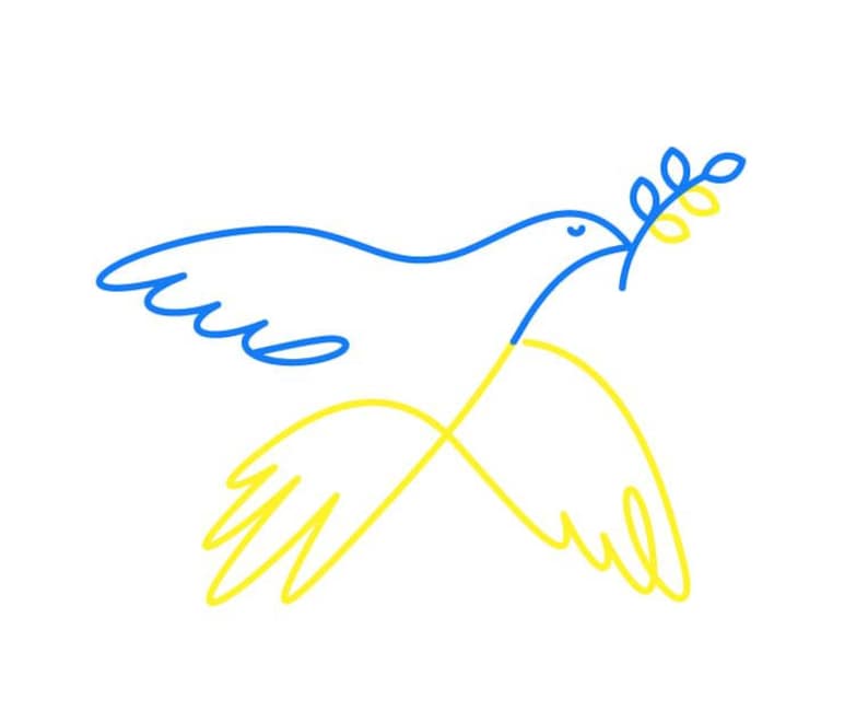 May include: A blue and yellow line drawing of a dove carrying an olive branch, symbolizing peace.