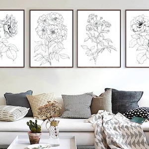 Conjunto de 4 estampas de rosas, flor de nascimento de junho, página para colorir, arte botânica, esboço de desenho de linha, impressão de cozinha, arte de sala de estar, flor de Nova York