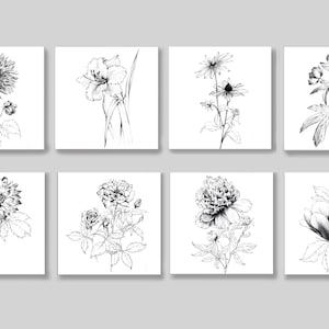 Set de 8, tirage 8x8, fleurs de jardin, noir et blanc, fleur, pivoine, carré, hygge, art botanique, dessin au trait rose, coloriage floral