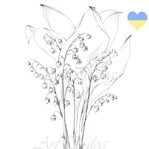 Lily of the Valley, Sketch, May birth flower, large print, flower, coloring page, line drawing, Botanical Prints, a1, Hygge, black white