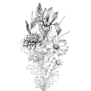 May include: Detailed black and white botanical illustration of a floral bouquet. The arrangement features an iris, dahlia, cosmos, and other flowers and foliage. The artwork is a pencil drawing style with intricate shading and fine lines.
