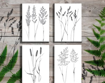 Set 4, spikelet sketch, Botanical Art Print, Hygge, digital stamp, clipart, one line drawing, grass artwork, wild herb, black white, plant