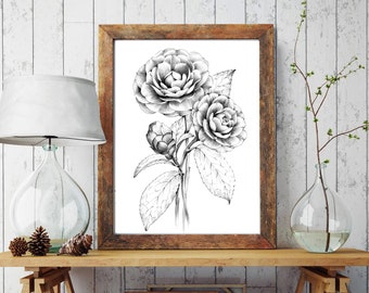 Camellia Sketch, Botanical Print, Digital File, JPEG, Hygge